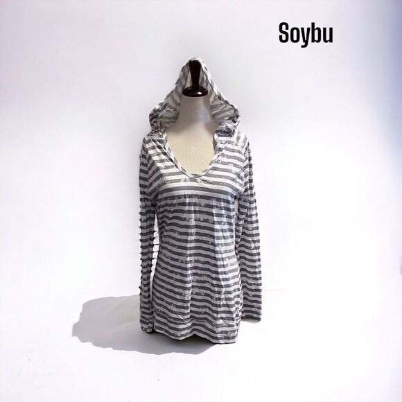 SOYBU PULLOVER LARGE GRAY TONE AND WHITE STRIPED LONG SLEEVE HOODIE WOMENS - Picture 1 of 11